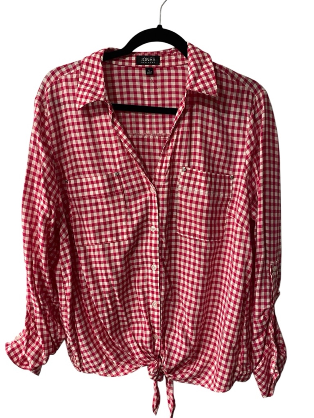 Jones New York Pink and White Gingham Tie-Front Button-Down Shirt